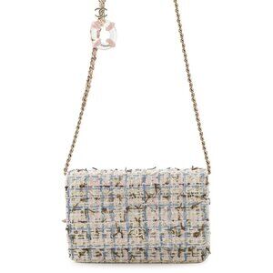 CHANEL Matelasse Tweed Chain Wallet Tweed White/Pink/Blue A33814